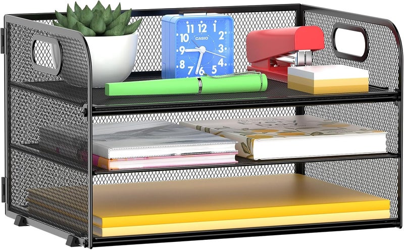 MINDEPOT 3 Tier Paper Organizer Tray with Handle, Mesh Letter Tray for Office, Home, School (1 Pack), Black - Image 1